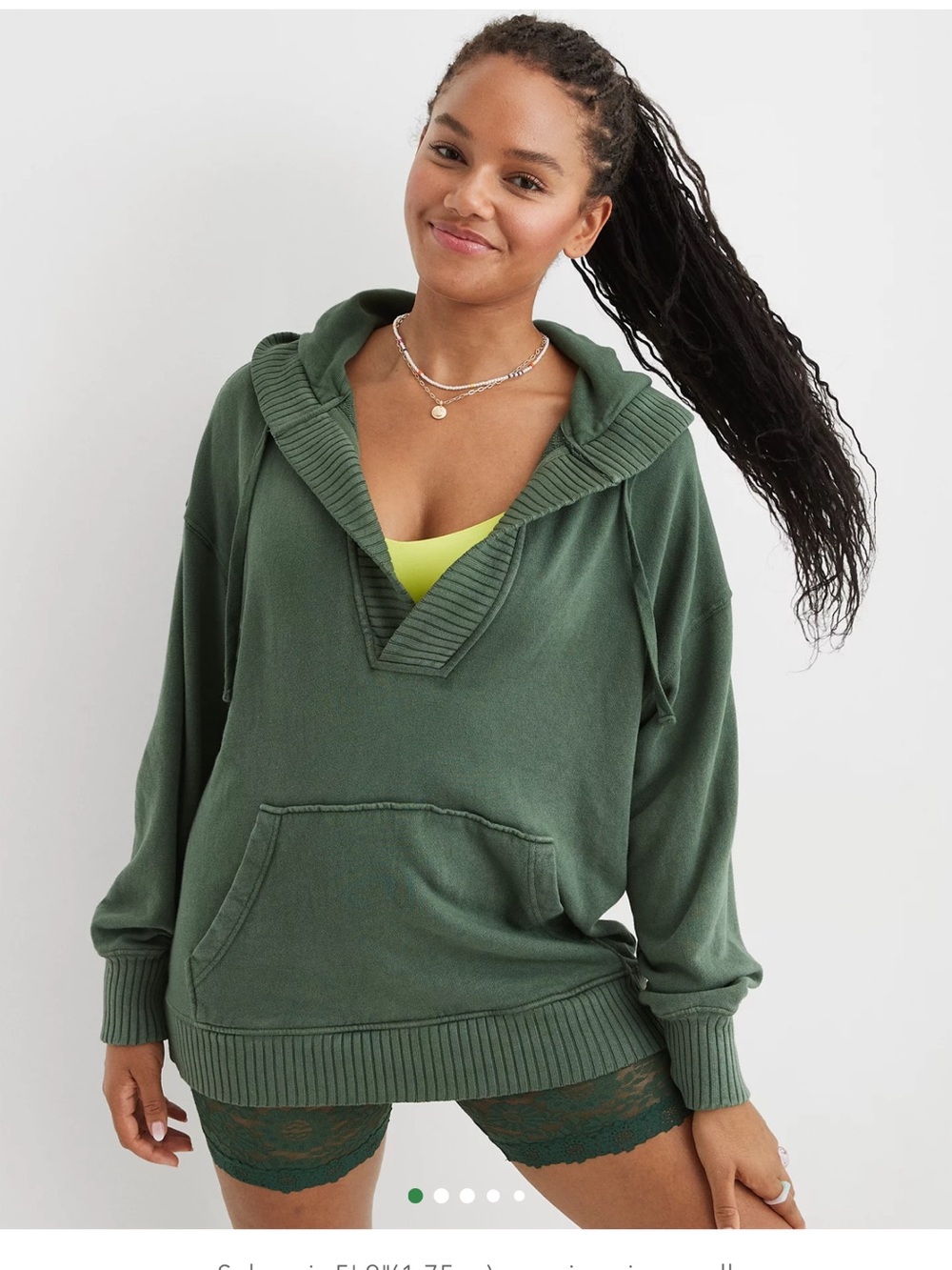 aerie Deep V Pullover Hoodie in Forest Green
